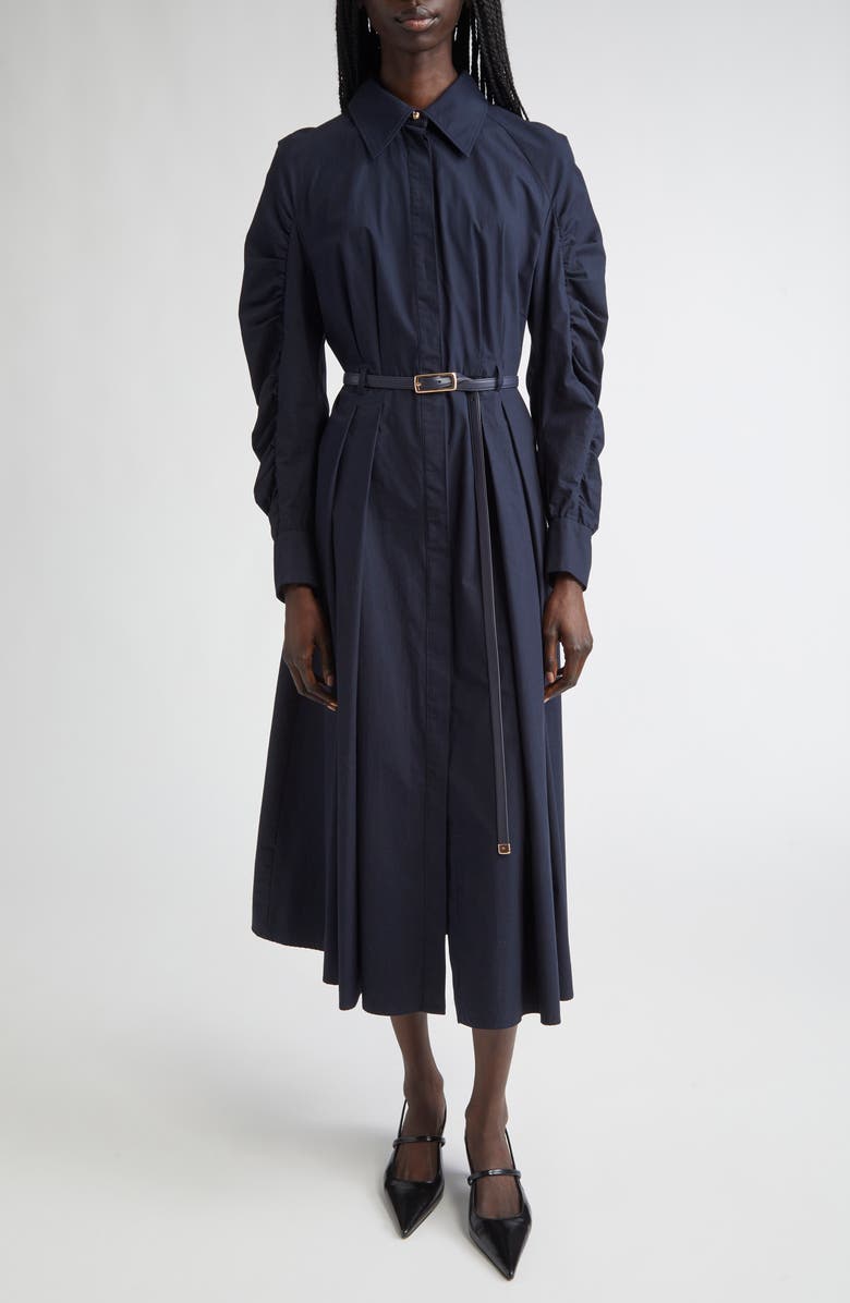 Max Mara Studio Valdese Ruched Long Sleeve Cotton Shirtdress, Main, color, Navy
