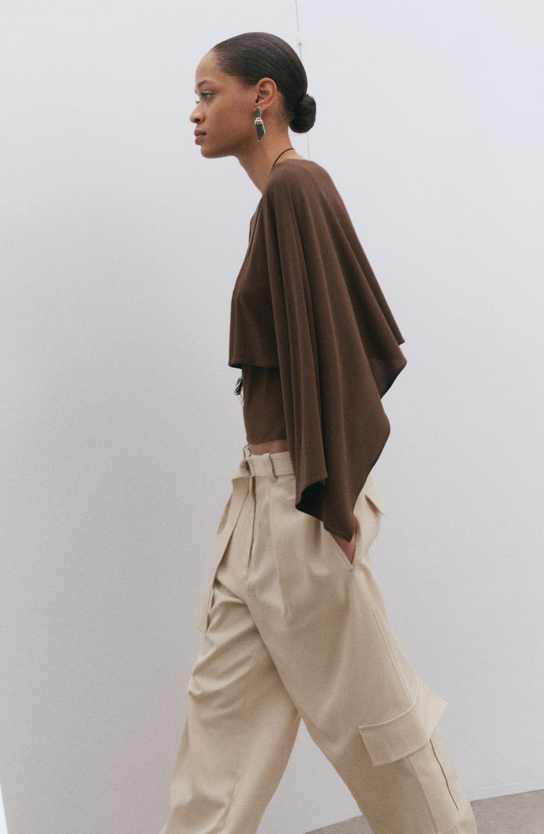 MANGO Blusa Lina Cape Top, Alternate, color, Brown