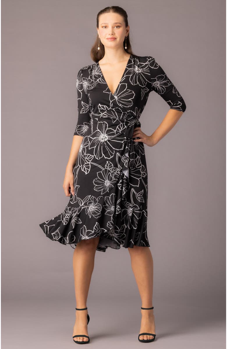 Kiyonna Flirty Flounce Midi Wrap Dress with 3/4 Sleeves, Alternate, color, Black Florals