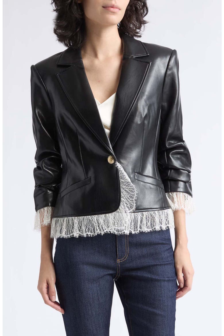 Le Petit Faux Leather Lace Trim Blazer, Main, color, BLACK/ IVORY