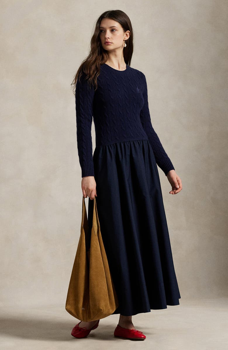 Polo Ralph Lauren Mixed Media Cable Stitch Long Sleeve Maxi Dress, Alternate, color, 