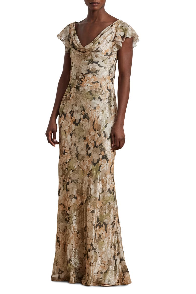 Metallic Floral Jacquard Cowl Neck Gown, Main, color, GREEN MULTI