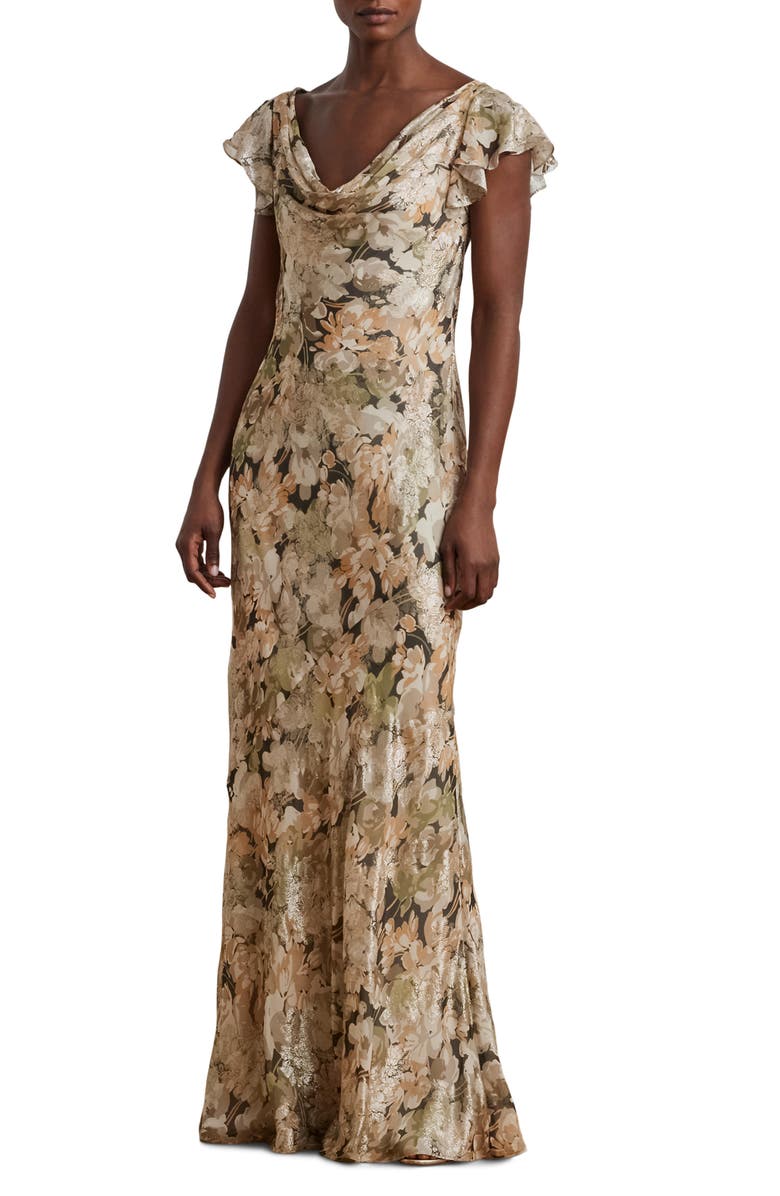 Lauren Ralph Lauren Metallic Floral Jacquard Cowl Neck Gown, Main, color, Green Multi