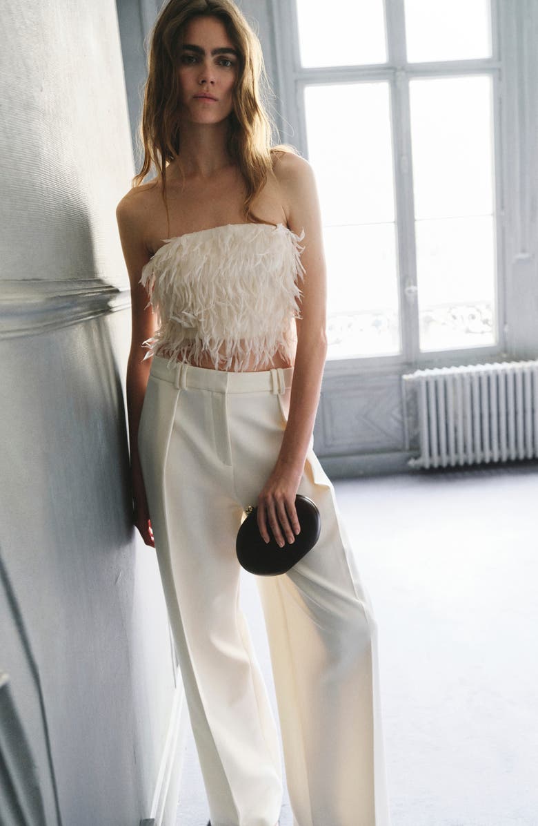 MANGO Textured Fringe Strapless Crop Top, Alternate, color, Vanilla