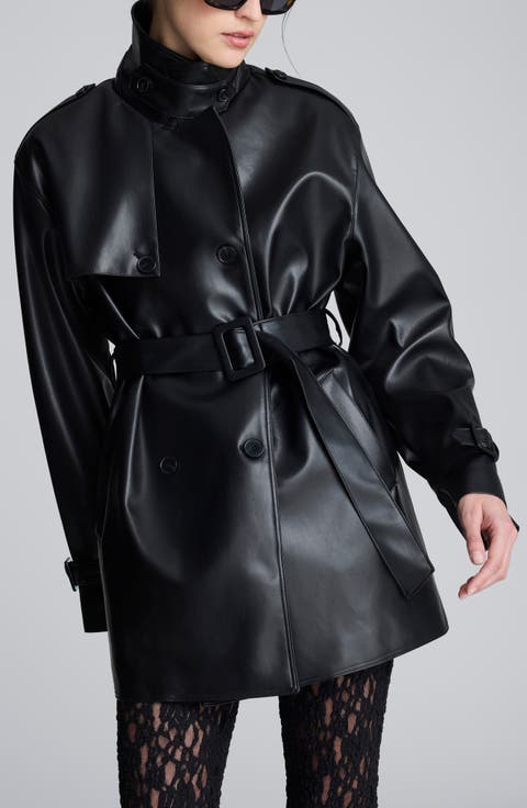 Double Breasted Faux Leather Trench Coat