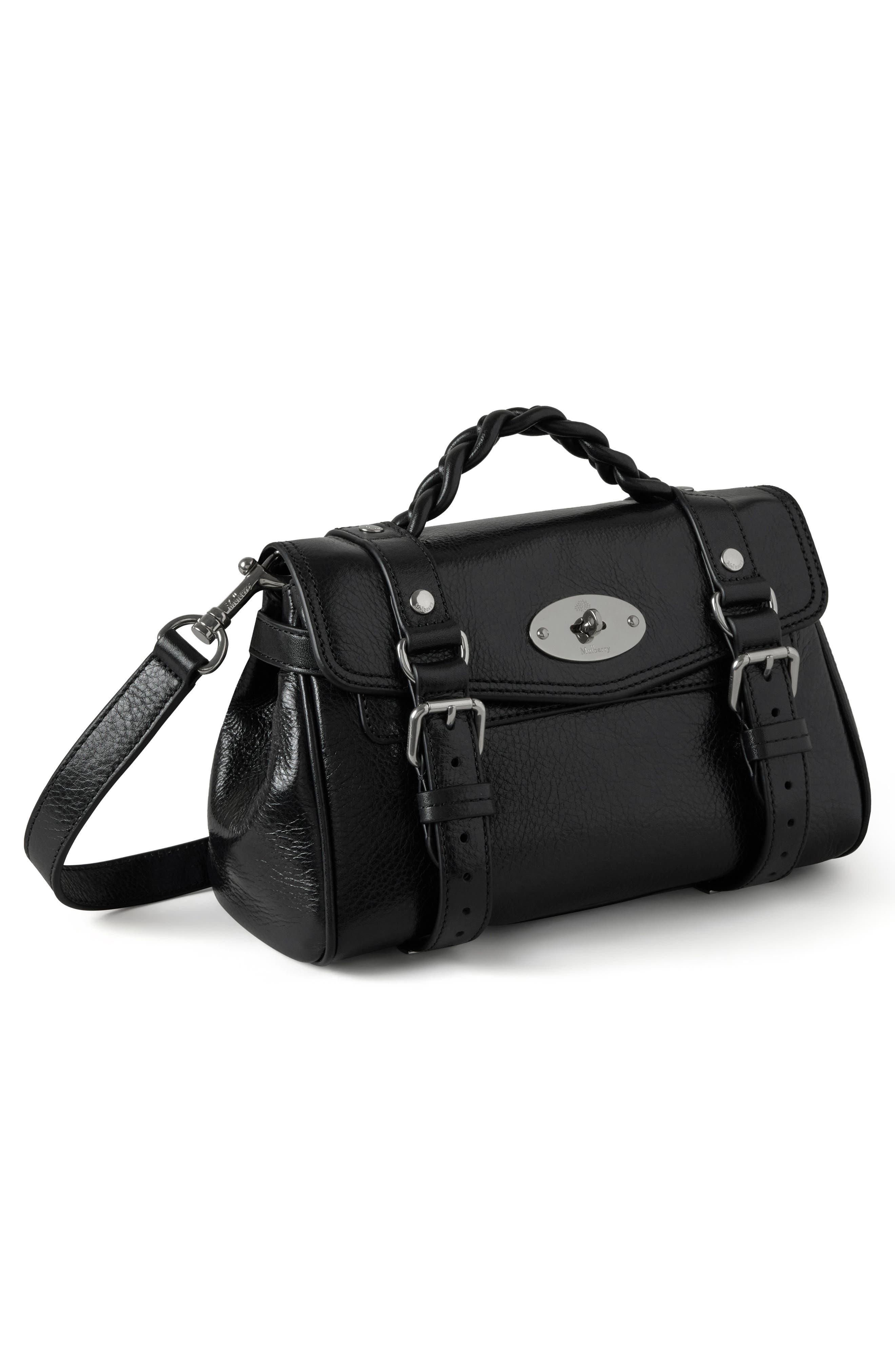 Mulberry Mini Alexa High Shine Leather Top Handle Bag, Alternate, color, Black