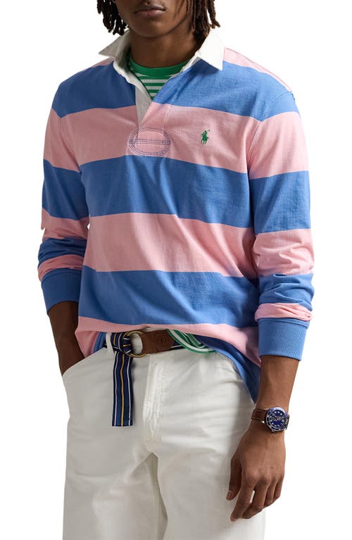 Polo Ralph Lauren Mens Rugby Striped Cotton-jersey Polo Shirt Pink Xxl In Garden Pink/new England Blue