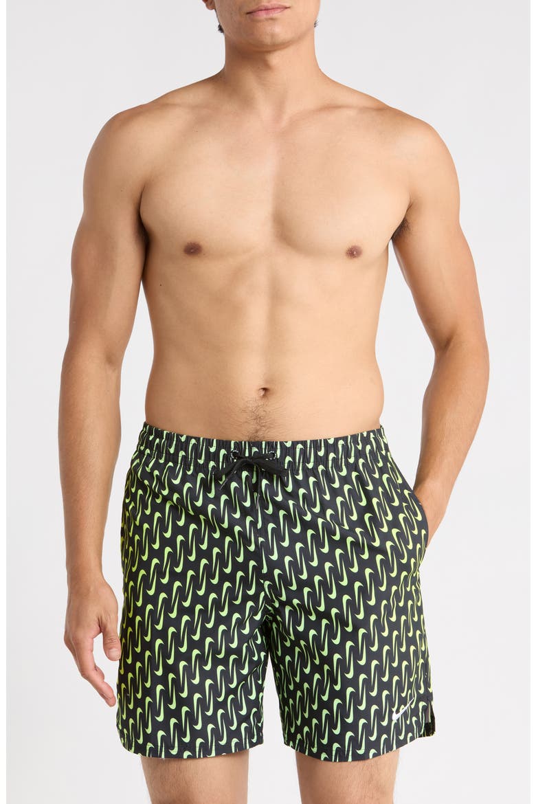 7-Inch Breaker Swoosh Swim Shorts, Main, color, BLACK