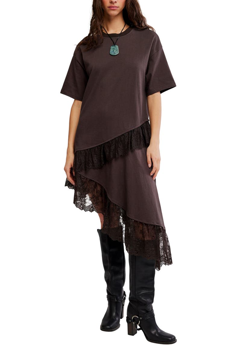 Frosted Lace Layered T-Shirt Dress, Main, color, DEEP FUDGE