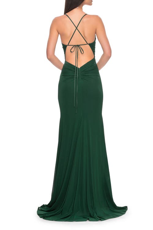 La Femme Net Jersey Ruched Prom Dress With Illusion Bodice In Dark Emerald