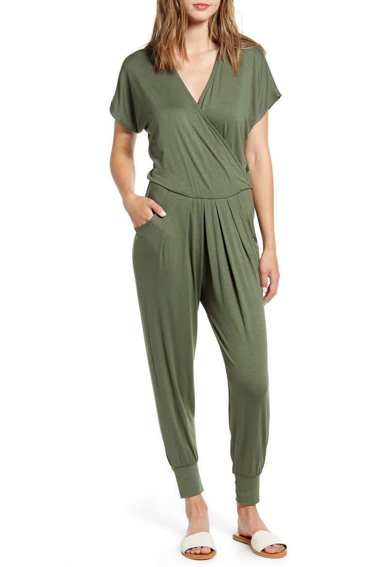 Short Sleeve Wrap Top Jumpsuit, Main, color, OLIVE
