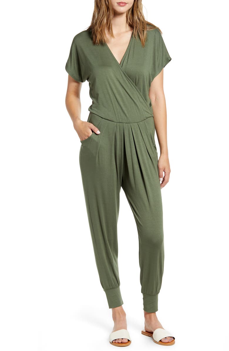 Loveappella Short Sleeve Wrap Top Jumpsuit, Main, color, Olive