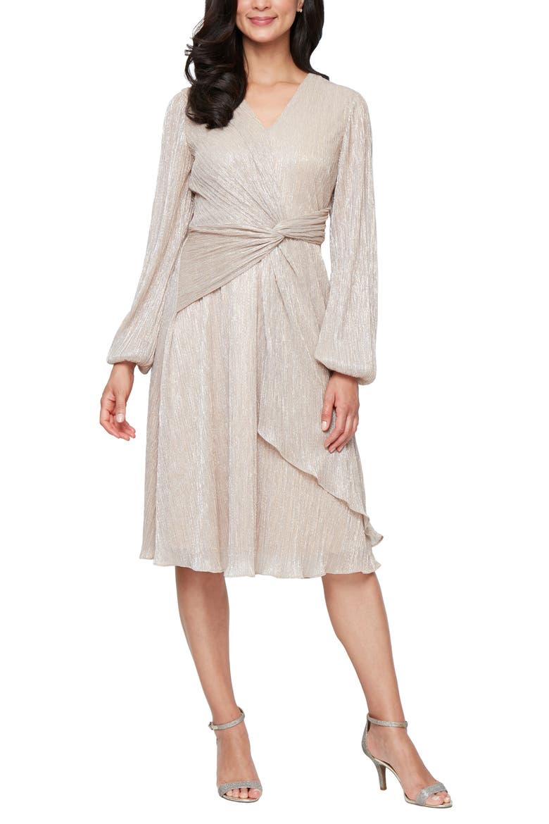 Knot Front Long Sleeve Metallic Chiffon Cocktail Dress, Main, color, LIGHT GOLD
