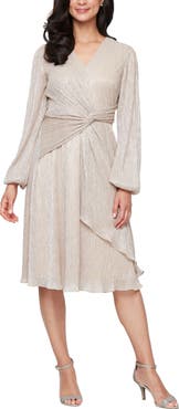 SL FASHIONS Knot Front Long Sleeve Metallic Chiffon Cocktail Dress