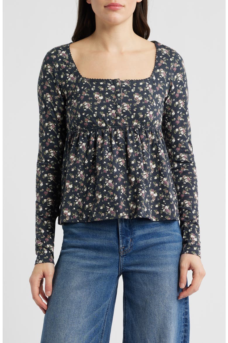 Babydoll Henley Floral Top, Main, color, BLACK FLORAL