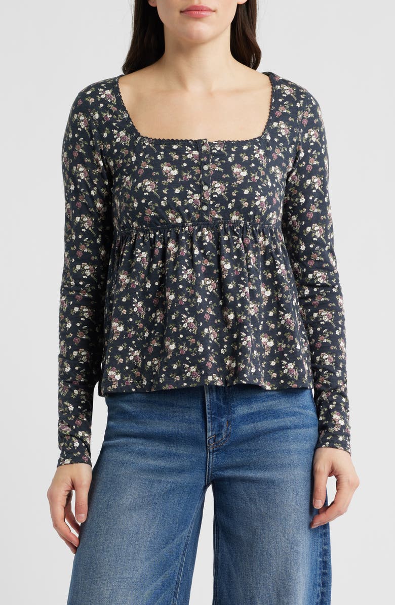 Lucky Brand Babydoll Henley Floral Top, Main, color, Black Floral