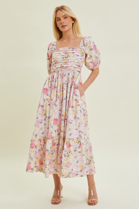 Floral Pleated Puff Sleeve Midi Dress