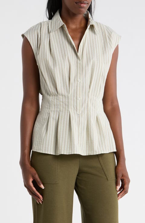 Pinstripe Pleated Sleeveless Shirt