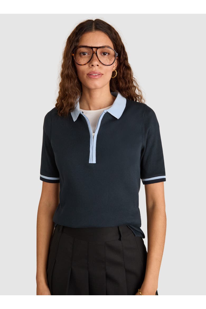 Lydia Cotton Rib Zip Collar Top, Main, color, Navy & Ice Blue