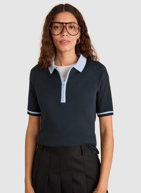 Lydia Cotton Rib Zip Collar Top
