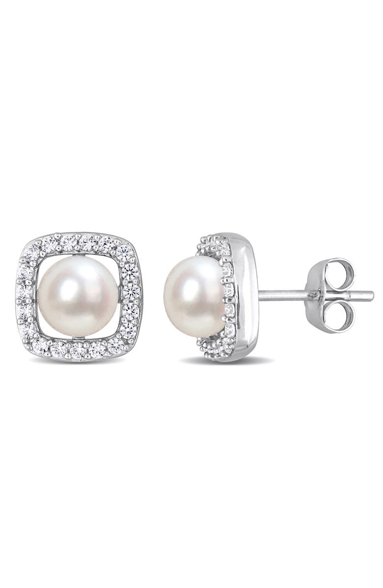 Julianna B. Pearl & Created White Sapphire Halo Earrings, Main, color, Cultured Pearl