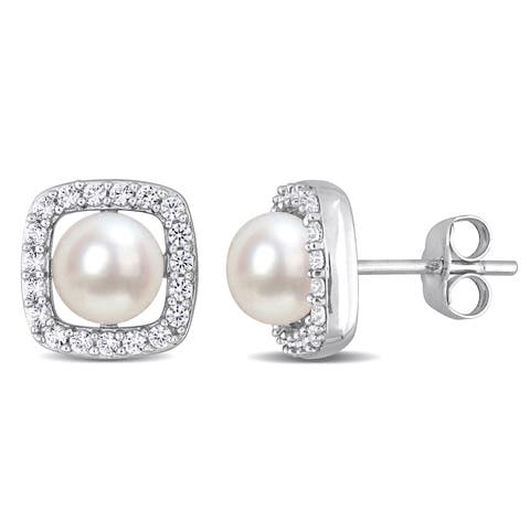 Pearl & Created White Sapphire Halo Earrings