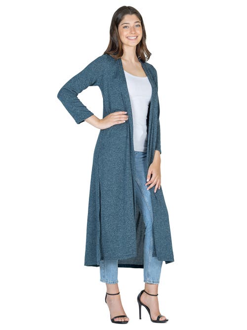 24seven Comfort Apparel Plus Size Long Duster Open Front Knit Cardigan Sweater In Blue