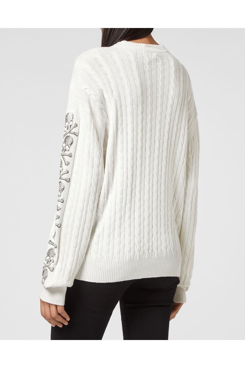 Cash Five Pullover Round Neck Ls Cable Crystal Skull Women, Alternate, color, Cream