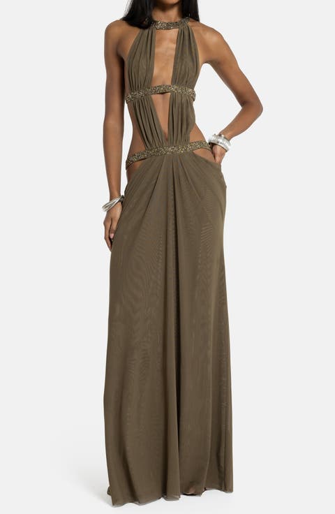 Bead Detail Plunge Neck Open Back Maxi Dress