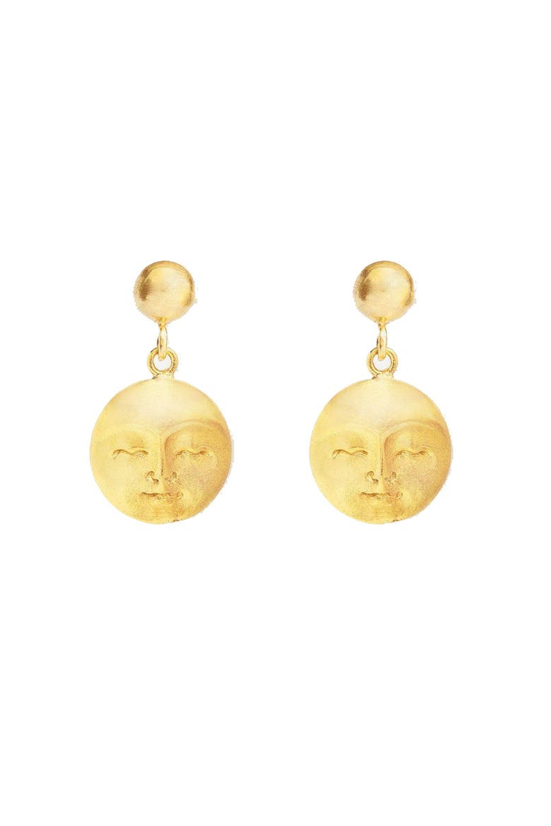 Moon Face Drop Earrings, Main, color, Brass