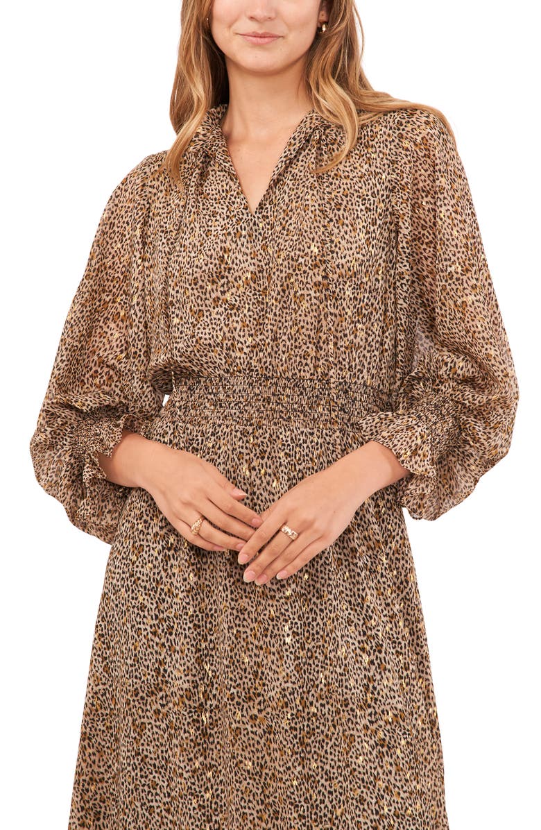 Vince Camuto Metallic Fleck Animal Print Long Sleeve Midi Dress, Alternate, color,