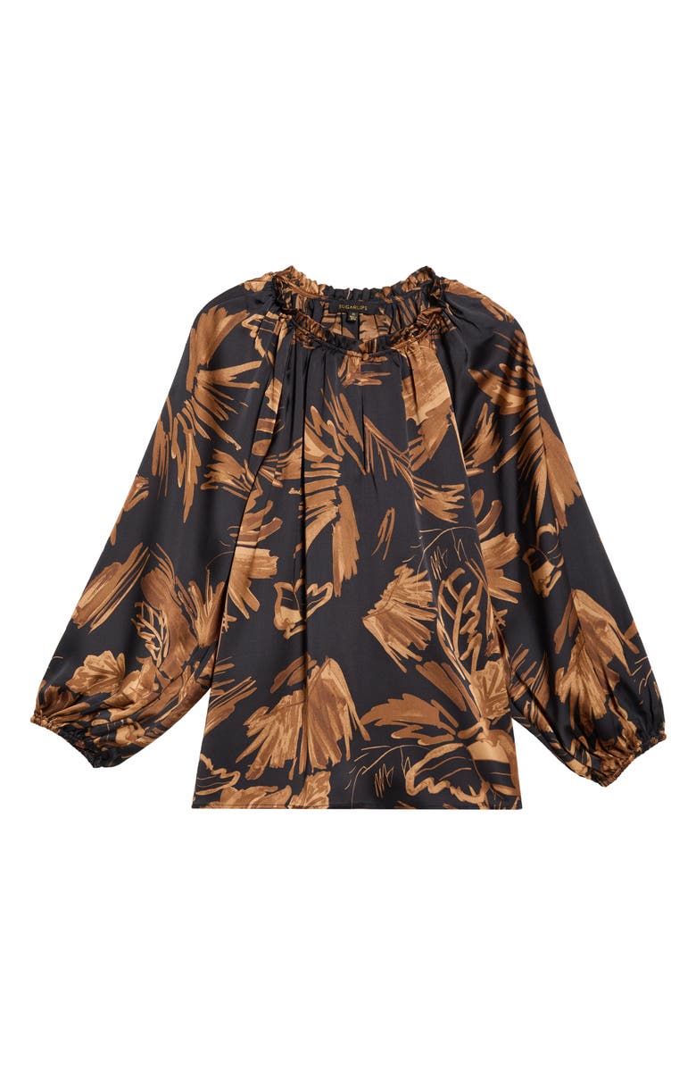 SUGARLIPS Palm Tropics Ruffle Collar Top, Alternate, color, Black-Tan