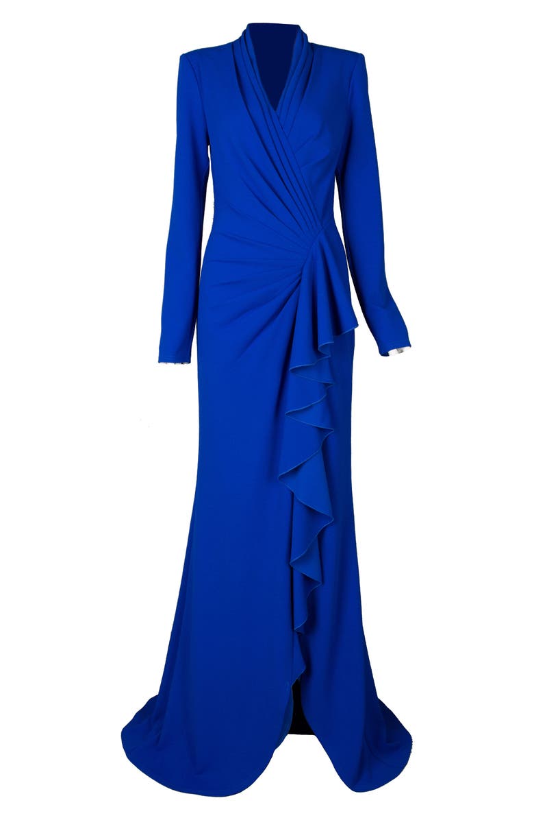 Tadashi Shoji Drape Ruffle Long Sleeve Stretch Crepe Gown, Alternate, color, Mystic Blue