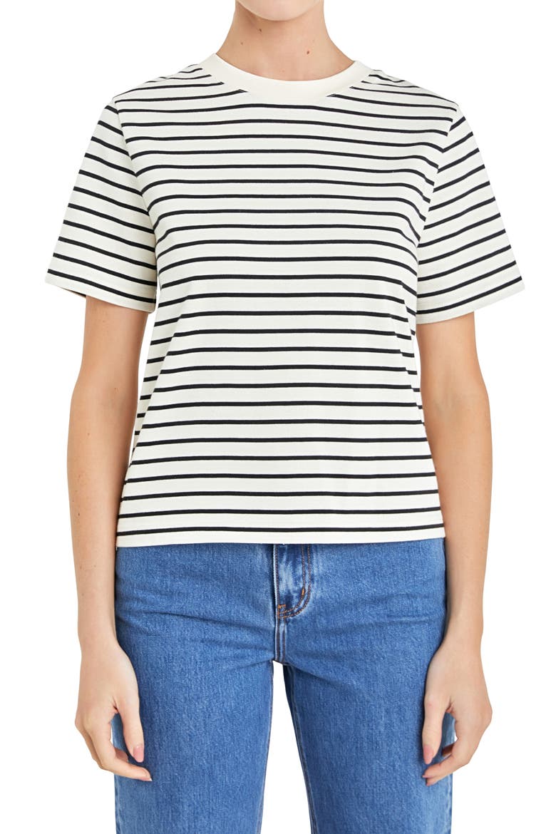 Striped Cotton Jersey Short Sleeve T-Shirt, Main, color, BLACK