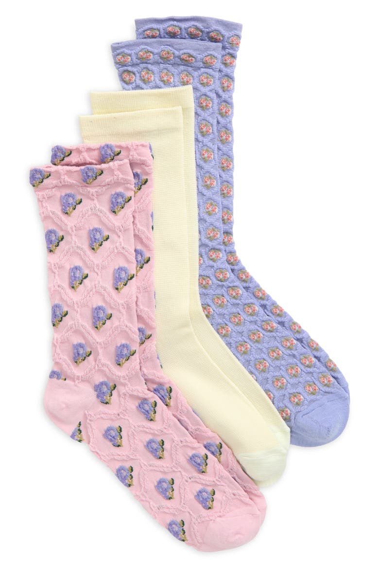 3-Pack Floral Jacquard Crew Socks, Main, color, PURPLE MORN FLORAL MULTI
