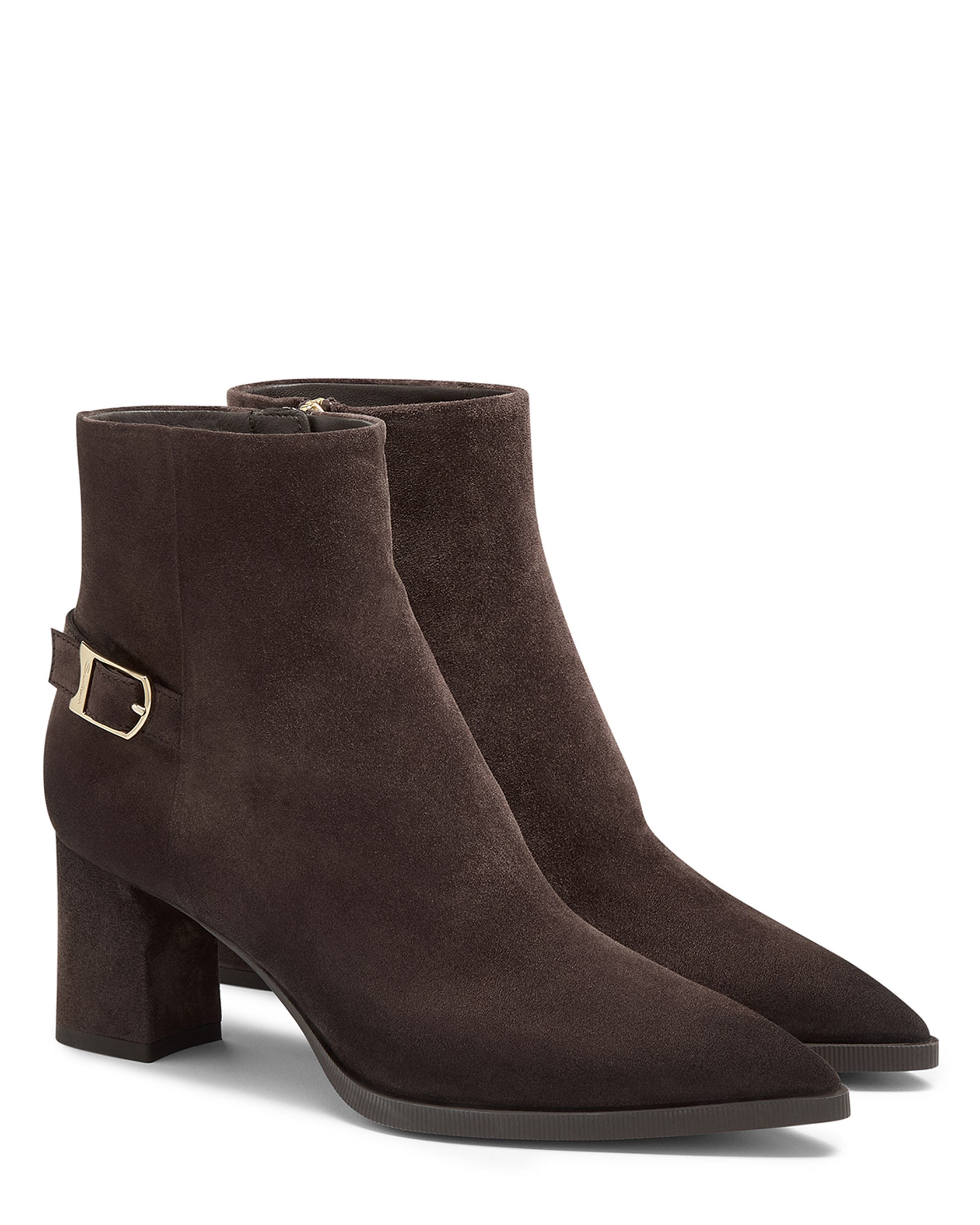 Women's Suede Mid-Heel Ankle Boot with Decorative Strap, Alternate, color, Dark Brown