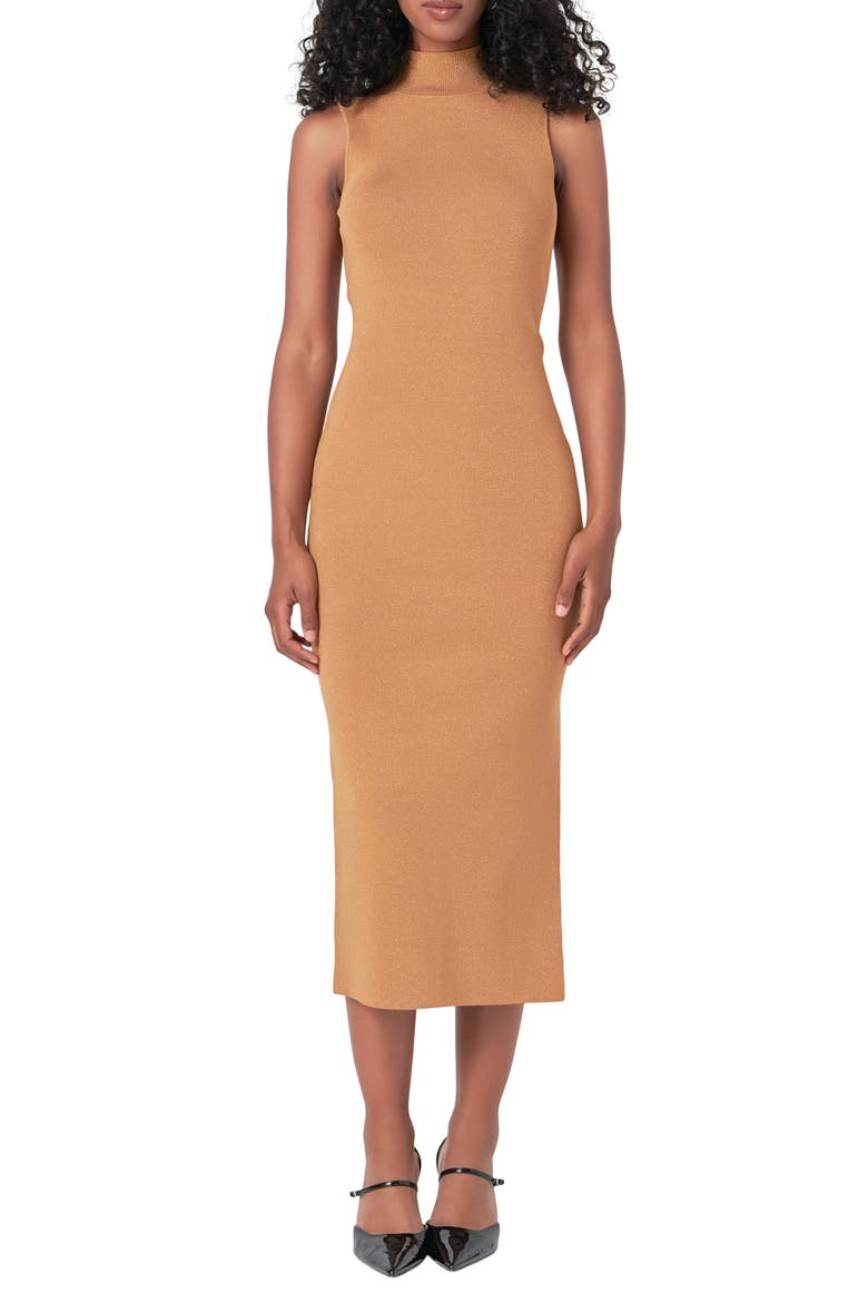 Metallic Mock Neck Body-Con Midi Dress, Main, color, CAMEL