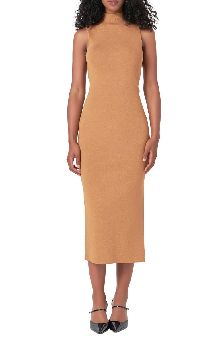 Endless Rose Metallic Mock Neck Body-Con Midi Dress, Main, color, Camel