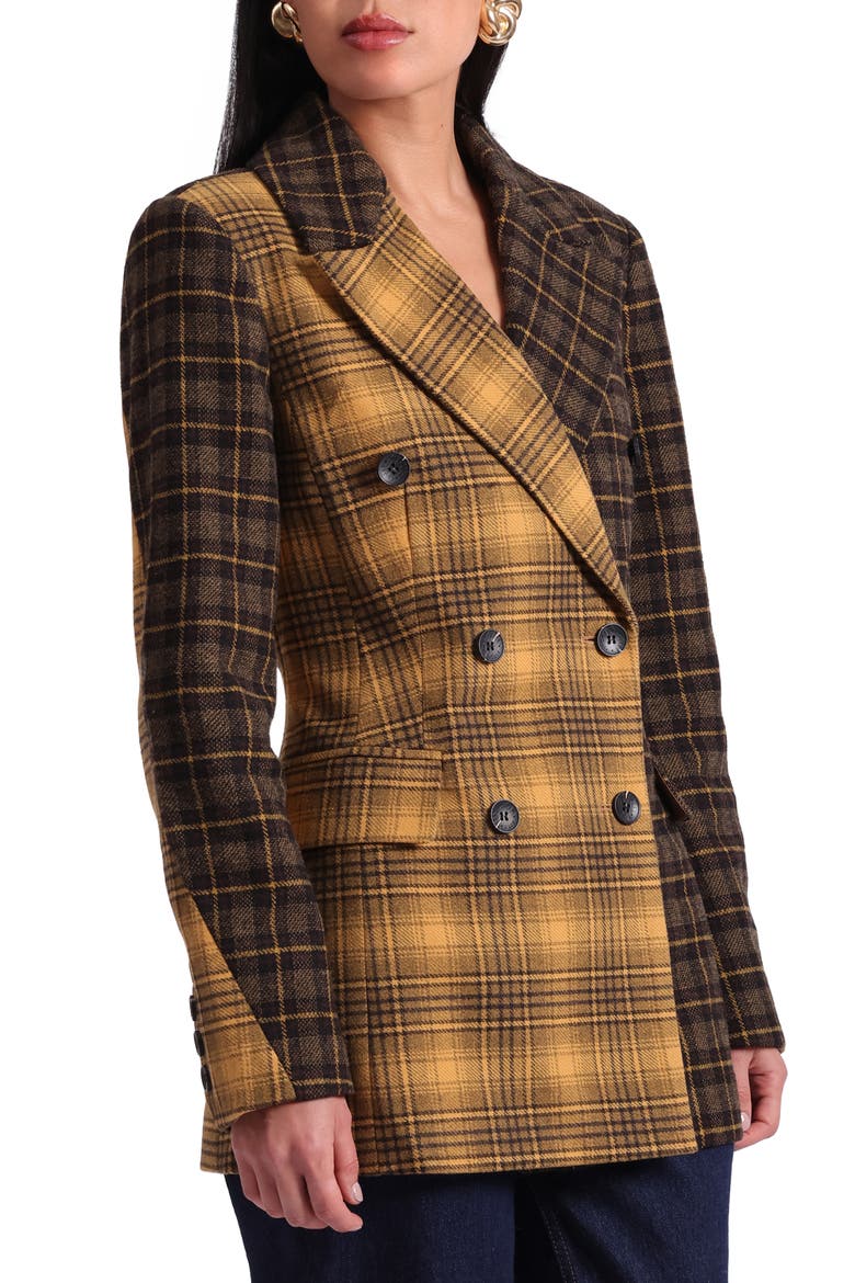 Mixed Plaid Hourglass Double Breasted Blazer, Alternate, color, BROWN - MUSTARD PLAID