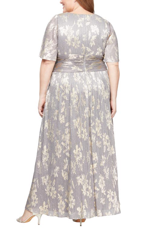 Shop Sl Fashions Foil Print Faux Wrap Maxi Dress In Smoke/gold