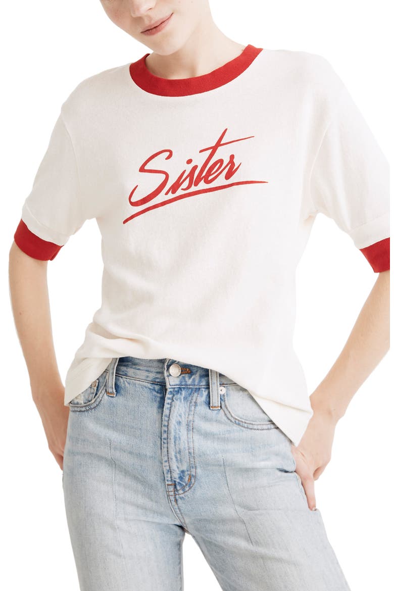 Sister Graphic Relaxed Ringer Tee, Main, color, ENAMEL RED SISTER