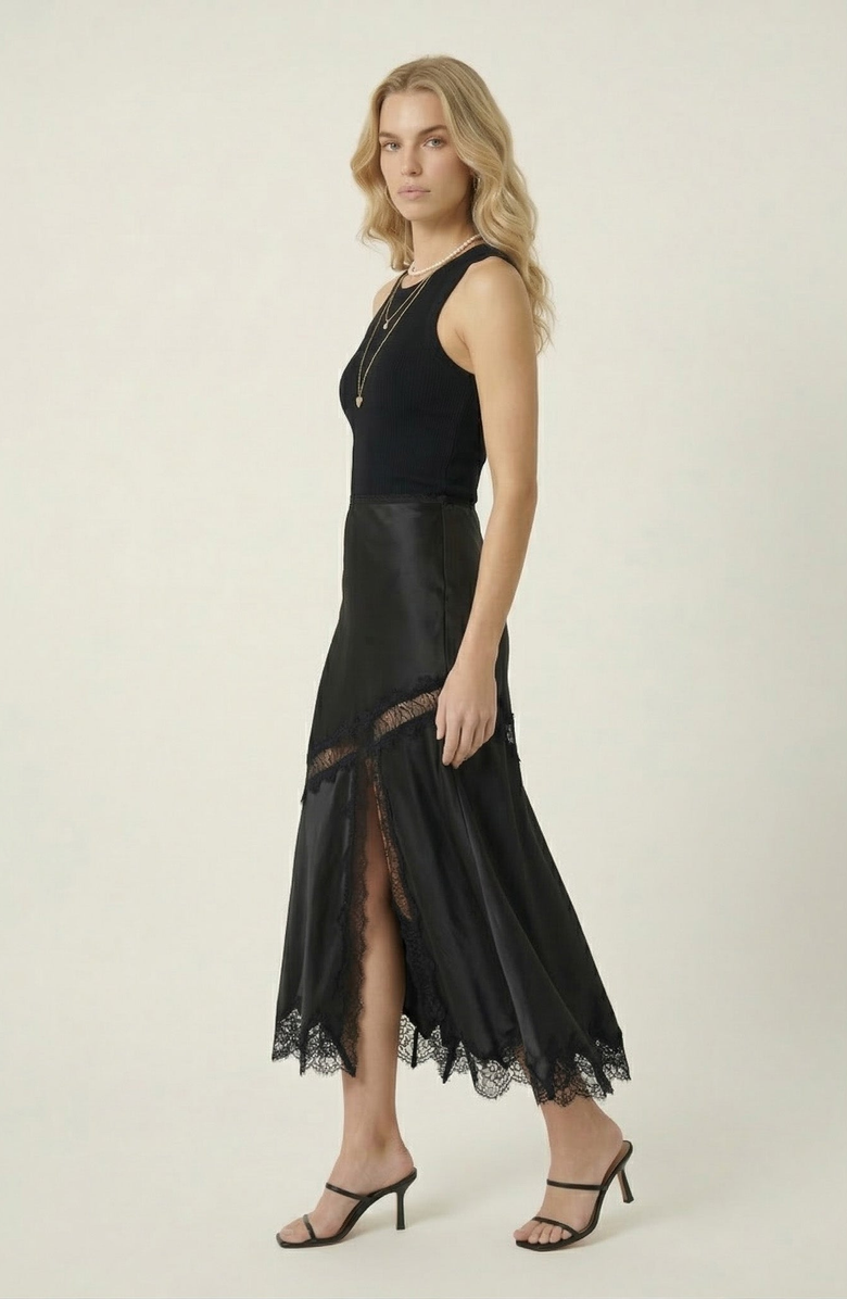 Modenaire Lace Trim Asymmetric Satin Midi Skirt with Contrast Panel, Alternate, color, Black
