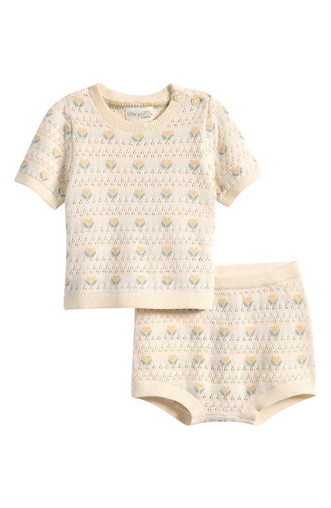 Floral Organic Cotton Pointelle Sweater & Shorts Set (Baby)