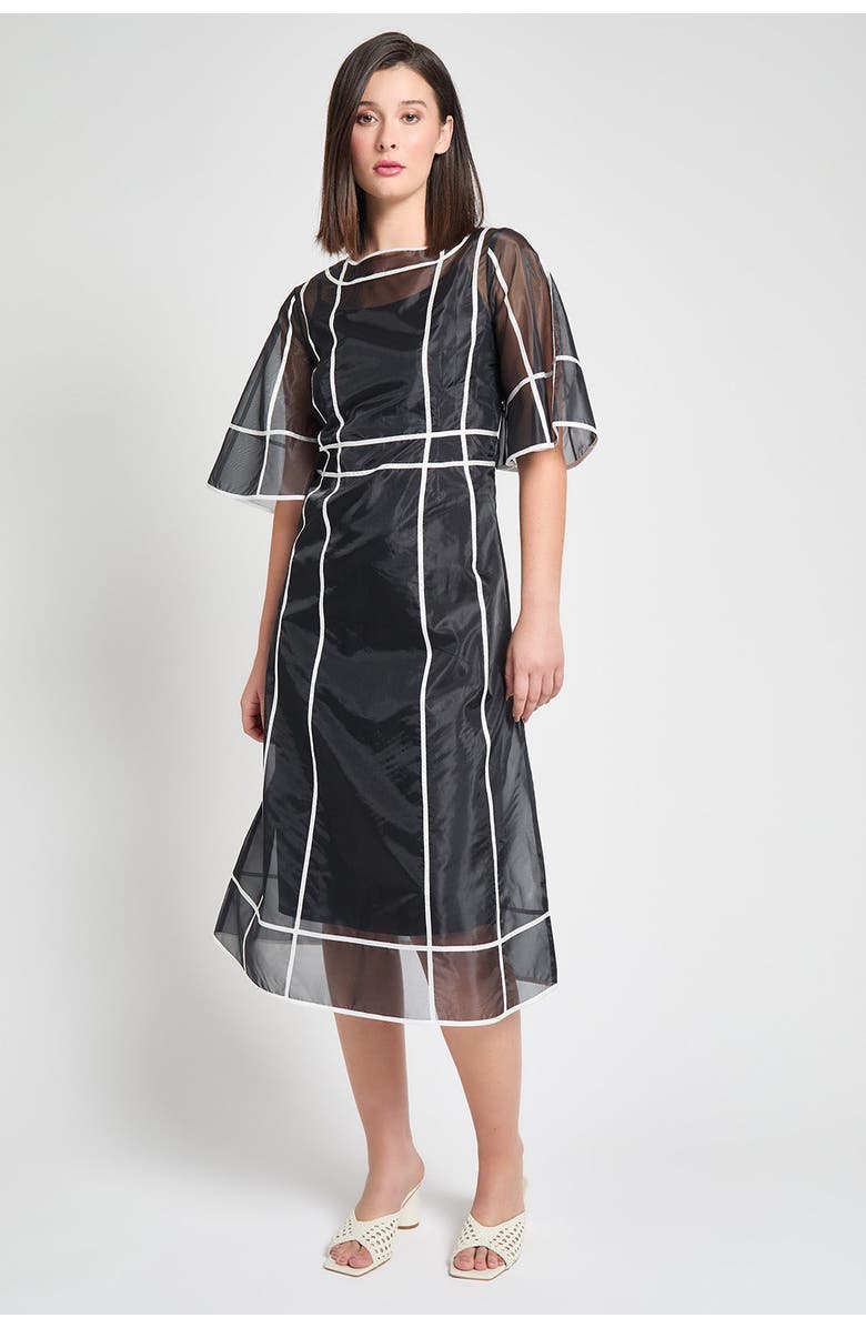 Ming Wang Modern Fit Organza Contrast Stripe A Line Midi Dress, Main, color, Black/White