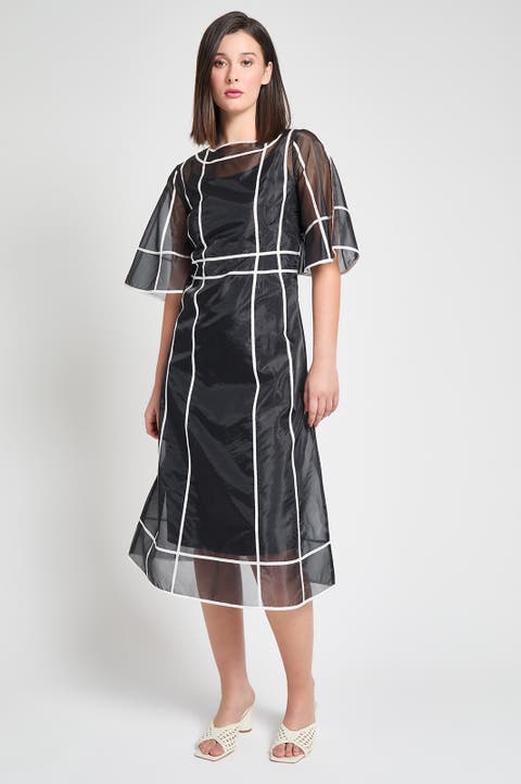 Modern Fit Organza Contrast Stripe A Line Midi Dress