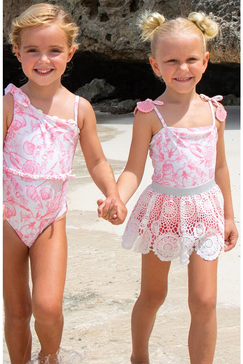 Seaside Toile One-Piece Swimsuit & Skirt Set, Alternate, color, CORAL