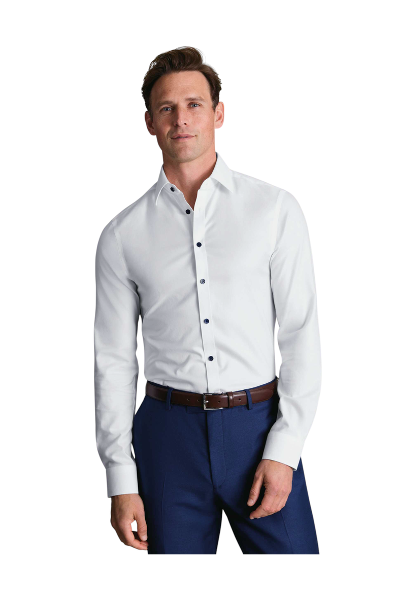 Non-Iron Twill with contrast blue buttons Shirt, Main, color, White
