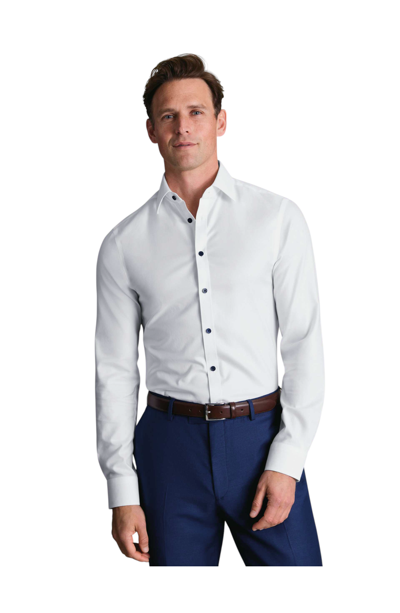 Charles Tyrwhitt Non-Iron Twill with contrast blue buttons Shirt, Main, color, White