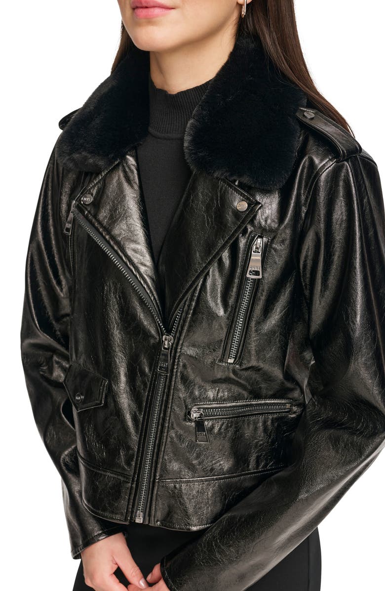 DKNY Crackle Faux Leather Moto Jacket with Faux Fur Collar, Alternate, color,