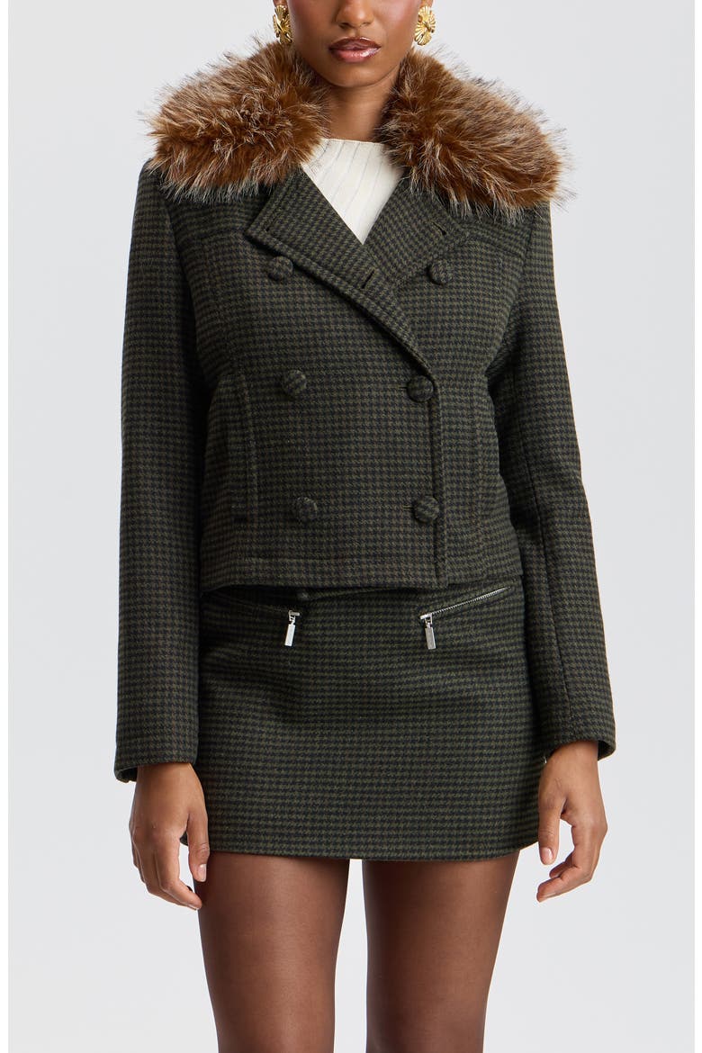Cropped Houndstooth Peacoat with Detachable Faux Fur Collar, Main, color, NAVY/GREEN HOUNDSTOOTH